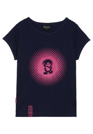 Navy cotton t-shirt featuring a pink dotted circular graphic and a character design in the center. Short sleeves and a tag at the bottom left.