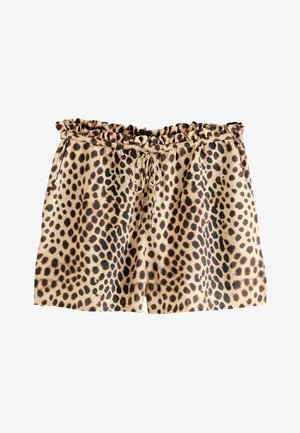 Šortky s elastickým pásom so zvieracím leopardím vzorom, s čiernymi a hnedými škvrnami na béžovom pozadí a sťahovacím šnúrkou.