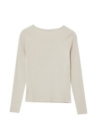 Maglia a maniche lunghe beige con una texture a coste, scollo a barca e una vestibilità comoda. Il tessuto appare morbido e leggero.