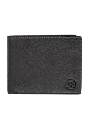 Black leather wallet with a textured surface, featuring a small embossed logo in the bottom corner. Closed, showing the exterior.