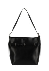 Zwarte leren handtas met één schouderband. Voorzien van een riemaccent aan de voorkant met een ronde metalen gesp en een minimalistisch ontwerp.