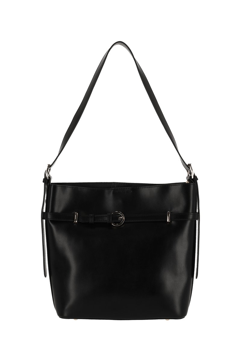Zwarte leren handtas met één schouderband. Voorzien van een riemaccent aan de voorkant met een ronde metalen gesp en een minimalistisch ontwerp.