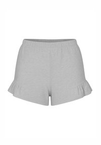 Pantalones cortos para mujer de color gris claro con cintura elástica y pequeños detalles de volantes en los lados exteriores de cada pierna.