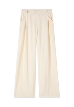 Bukser med brede ben i cremefarve med sidelommer, knaplukning foran og plisserede detaljer, vist på en hvid baggrund.