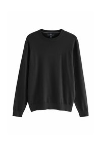 Black long-sleeve crewneck sweater with ribbed cuffs and hem, medium size, displayed on a white background.