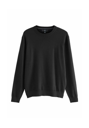 Pull-over noir à manches longues avec col rond, finitions côtelées aux poignets et à l'ourlet, taille moyenne, présenté sur fond blanc.