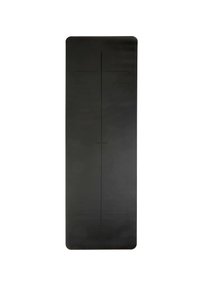 Tapis de yoga rectangulaire noir, fabriqué en matériau lisse et durable avec des bords arrondis, comportant un guide d'alignement central et des lignes de grip.
