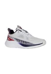 Weißer Sportschuh mit strukturiertem Obermaterial, Mesh-Design und einem Farbverlauf in Blau-Purpur. Verfügt über eine gepolsterte Sohle und kontrastierende Schnürsenkel.