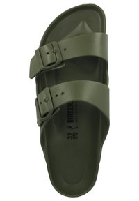 Sandale à glissière Birkenstock verte avec deux sangles ajustables, semelle intérieure souple texturée et semelle contournée pour plus de confort. Taille indiquée comme 39.