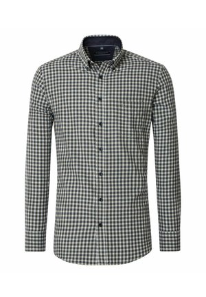 Herren Langarmhemd im schwarz-weißen Vichy-Muster, mit Kentkragen, Brusttasche und dunklen Knöpfen. Aus Baumwollmaterial.