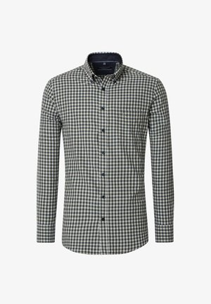 Herren Langarmhemd im schwarz-weißen Vichy-Muster, mit Kentkragen, Brusttasche und dunklen Knöpfen. Aus Baumwollmaterial.