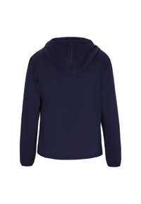 Felpa con cappuccio blu navy, maniche lunghe, texture liscia e design minimalista. Presenta un cappuccio e un orlo arrotondato sul fondo.