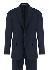 Veste de costume homme bleu marine avec deux boutons, revers crantés, poches à rabat et poche poitrine, assortie d'un pantalon coordonné.