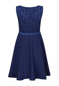 Navyblaues Kleid mit einem Spitzenoberteil, rundem Halsausschnitt und ausgestellt Rock. Beinhaltet einen Reißverschluss auf der Rückseite und einen strukturierten Taillakzent.