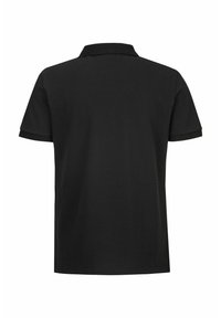 Zwarte polo-shirt van katoen, met een klassieke kraag, korte mouwen en een eenvoudig ontwerp zonder patronen of accenten.
