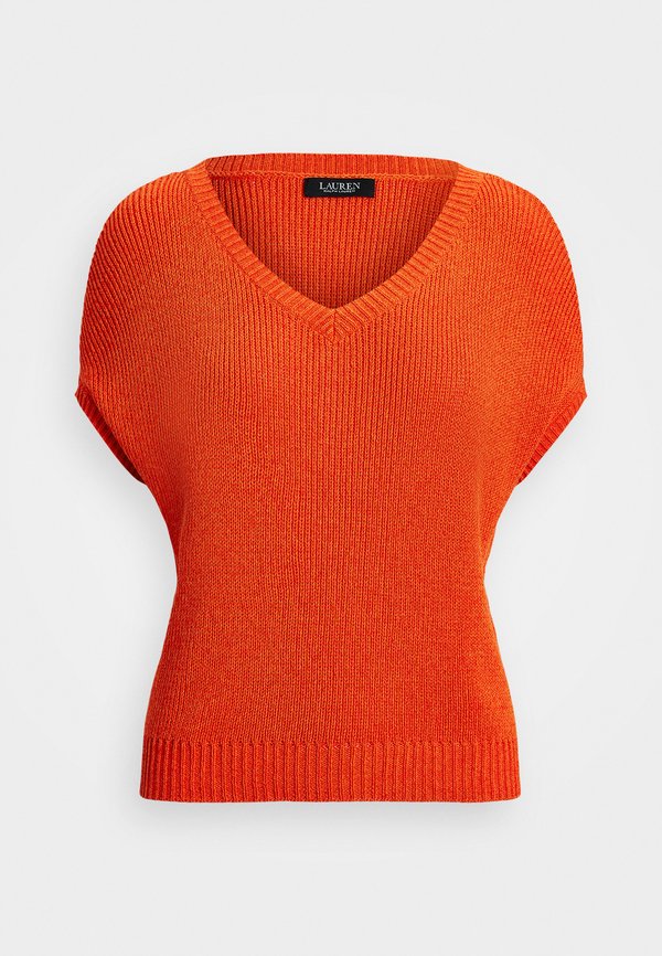 RIB KNIT SHORT SLEEVE V NECK SWEATER - Basic T-shirt - orange4