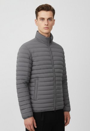 Gray puffer jacket with horizontal quilted pattern, high collar, front zipper, and side pockets; lightweight material, smooth texture.