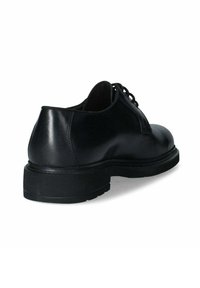 Scarpa oxford in pelle nera con finitura liscia, design con lacci, punta rotonda e suola in gomma per una migliore trazione. La vista dal retro evidenzia le cuciture.