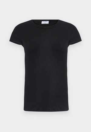 Black ribbed T-shirt with a round neckline and short sleeves. Soft fabric with a fitted shape, featuring a label at the neck.