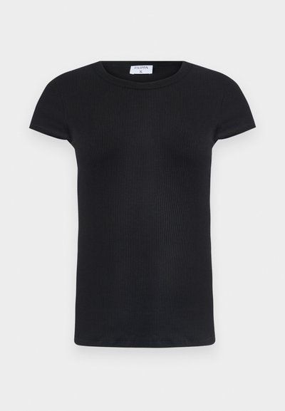 Zwarte geribbelde T-shirt met een ronde hals en korte mouwen. Zacht stof met een aansluitende pasvorm, met een label bij de nek.