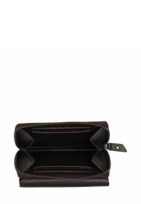 Portafoglio in pelle marrone con chiusura a zip. L'interno presenta due compartimenti, numerosi slot per carte e una texture liscia.