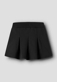 Sort plisseret nederdel med en bred elastisk talje. Fremstillet af glat stof, har den en flagrende form og en syet kant for holdbarhed.