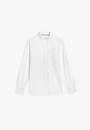 Witte langekous met knopen, voorzien van een kraag, met een borstzak en een rechte zoom, gemaakt van een gladde stof met een effen textuur.
