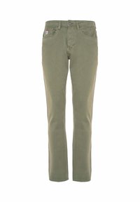Pantaloni chino verde oliva in cotone, con taglio a gamba dritta, patta con zip e cinque tasche. Presentano una piccola etichetta del marchio sulla vita.