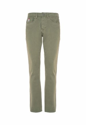 Pantaloni chino verde oliva in cotone, con taglio a gamba dritta, patta con zip e cinque tasche. Presentano una piccola etichetta del marchio sulla vita.