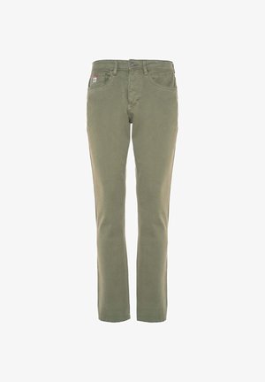 Pantaloni chino verde oliva in cotone, con taglio a gamba dritta, patta con zip e cinque tasche. Presentano una piccola etichetta del marchio sulla vita.