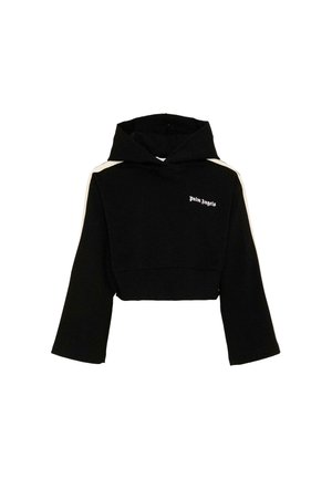 Czarna krótka bluza z kapturem z szerokimi rękawami, białymi paskami na ramionach i małym logo "Palm Angels" na piersi.