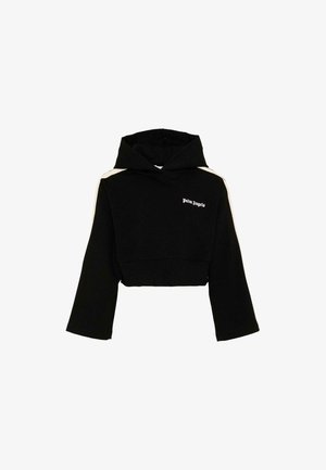 Czarna krótka bluza z kapturem z szerokimi rękawami, białymi paskami na ramionach i małym logo "Palm Angels" na piersi.