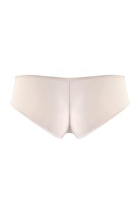 Bikini w kolorze jasnobeżowym; miękka, elastyczna tkanina o gładkiej fakturze, z bezszwowym pasem w talii i zaokrąglonym tyłem.