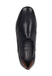 Marineblaue Leder-Schuhe mit glatter Oberfläche, elastischen seitlichen Einsätzen, leichter Sohle und einem braunen Akzent an der Ferse. Mit gepolsteter Einlegesohle.