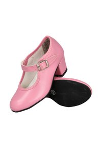 Terminaciones rosas en cuero, con punta redonda y correa de hebilla. La suela es negra y el tacón tiene una altura moderada, adecuada para ocasiones formales.