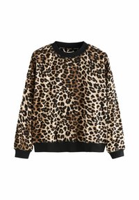 Mikina s leopardím potiskem z měkkého materiálu, s černým žebrovaným výstřihem a manžetami. Má uvolněný střih a kontrastní černý spodní lem.