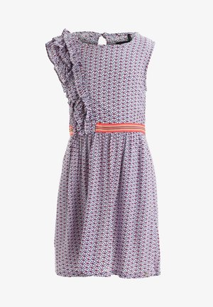 Fialové šaty s volánem na levém rameni, s květinovým vzorem v červené a modré barvě, s oranžovým pasem a knoflíkovým zapínáním na zadní straně.