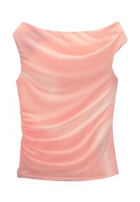 Haut pêche décolleté épaules en tissu lisse, présentant un design drapé avec des accents froncés d'un côté et une légère brillance.