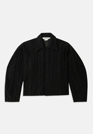 Black cropped jacket with a textured surface, wide collar, and long, slightly tapered sleeves. Features a hidden front closure.