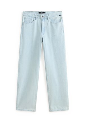 Vaaleansiniset farkut suoralla lahkeen leikkauksella, joissa on nappisuljenta, viisi taskua ja hienovaraiset ompeluaukset.