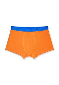 Orange boxer shorts with a blue elastic waistband featuring embossed text "HAPPY." Smooth fabric and a contour pouch design.