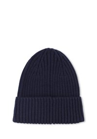 Bonnet en tricot bleu marine avec rainures verticales et revers replié. Fabriqué dans un matériau doux, avec une finition texturée.