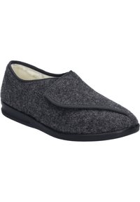 Gray felt slipper with a soft interior lining, simple design, rounded shape, and adjustable upper flap. Black rubber sole for traction.