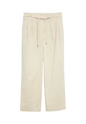 Pantaloni beige a vita alta a gamba larga con pieghe e cintura regolabile, disposti in piano su sfondo bianco.