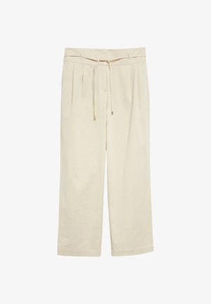Beige High-Waist-Hose mit weitem Bein, Plisseefalten und Kordelzug-Gürtel, flach auf weißem Hintergrund präsentiert.