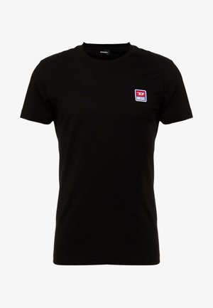 Zwart T-shirt met korte mouwen en ronde hals, met een klein rood, wit en blauw Diesel-logo op de linkerborst.
