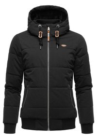 Doudoune noire avec capuche, dotée d'un zip sur le devant, de poignets élastiques et de cordons en cuir. Tissu lisse avec un design matelassé.