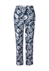 Pantalon à motifs bleu marine et blanc avec une taille élastique, présentant un design botanique varié. Tissu léger avec une texture lisse.