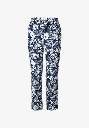 Námořnické a bílé vzorované kalhoty s elastickým pasem, které mají rozmanitý botanický design. Lehce tkanina s hladkým povrchem.
