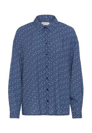 Camisa azul abotonada con un patrón floral en blanco y azul claro, confeccionada en tejido ligero con cuello estándar y mangas largas.